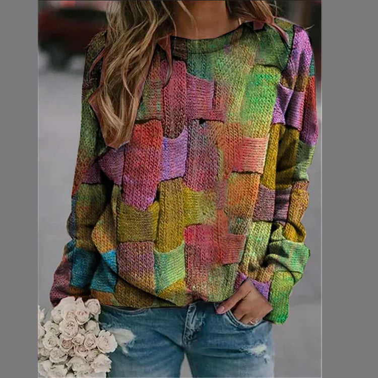 Women's creative round neck tie-dye splicing loose women's bottoming shirt