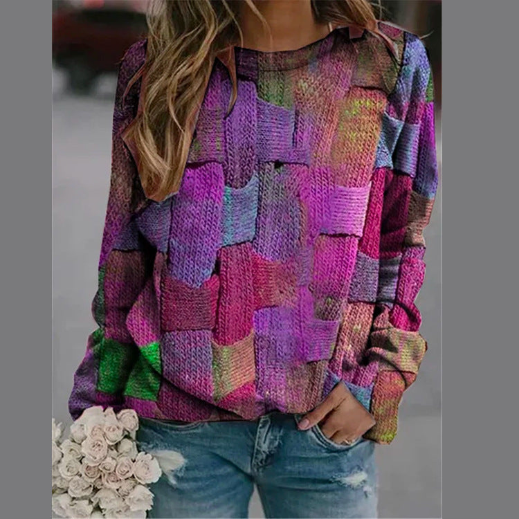 Women's creative round neck tie-dye splicing loose women's bottoming shirt