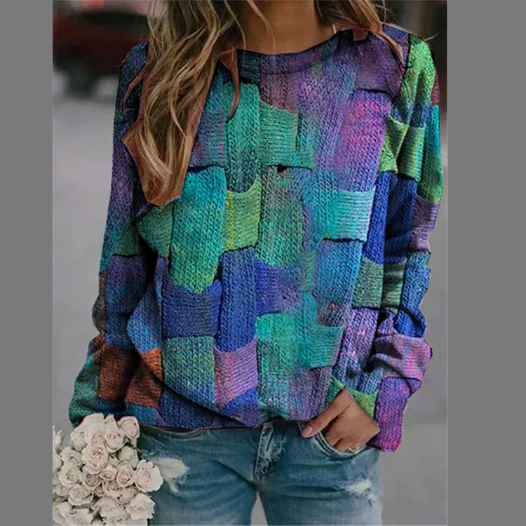 Women's creative round neck tie-dye splicing loose women's bottoming shirt